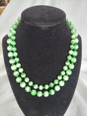 Western Germany Vintage Green White Beaded Double-Strand Necklace 15"+ 3" Lead